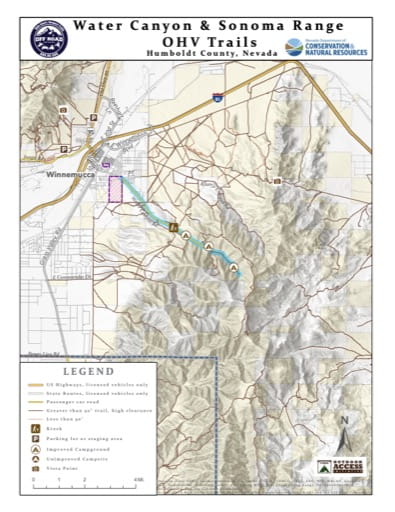 Off-Highway Vehicle (OHV) Trails Map of Water Canyon and Sonoma Range in Nevada. Published by Nevada Off-Highway Vehicles Program.