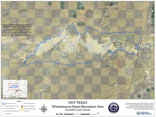 Off-Highway Vehicle (OHV) Trails Map of Winnemucca Dunes in Nevada. Published by Nevada Off-Highway Vehicles Program.