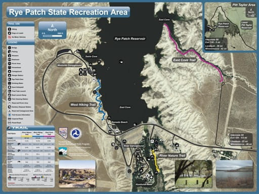 Recreation Map of Rye Patch State Recreation Area (SRA) in Nevada. Published by Nevada State Parks.