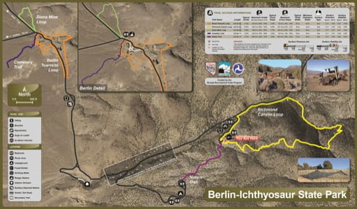 Trails Map of Berlin-Ichthyosaur State Park (SP) in Nevada. Published by the Nevada State Parks.