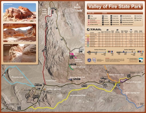 Recreation Map of Valley of Fire State Park (SP) in Nevada. Published by Nevada State Parks.
