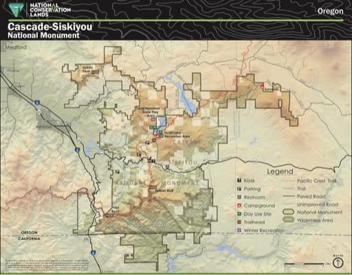 Visitor Map of Cascade-Siskiyou National Monument (NM) in Oregon. Published by the Bureau of Land Management (BLM).