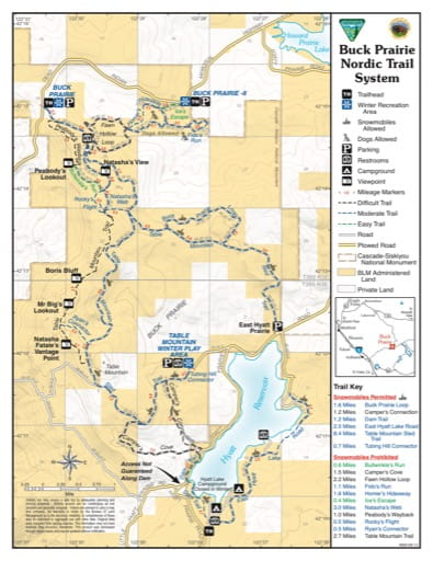 Winter Recreation Map of Buck Prairie Nordic Trail System in the Cascade-Siskiyou National Monument (NM) in Oregon. Published by the Bureau of Land Management (BLM).
