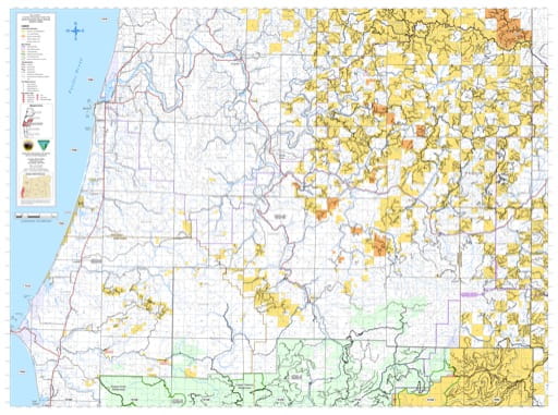Northern part of the Coos Bay Transportation System Map in the BLM Myrtlewood Field Office area in Oregon. Published by the Bureau of Land Management (BLM).
