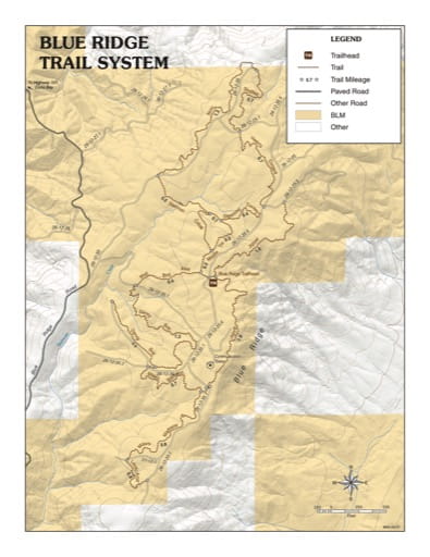 Map of the Blue Ridge Trail System in the BLM Coos Bay District area in Oregon. Published by the Bureau of Land Management (BLM).