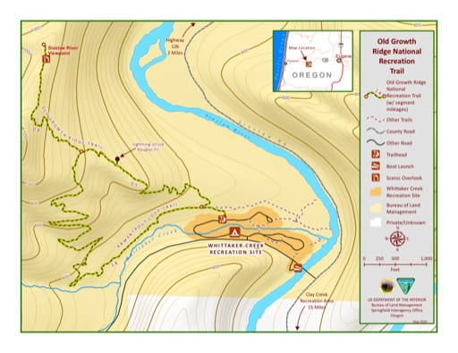 Map of Old Growth Ridge National Recreation Trail (NRT) west if Eugene in Oregon. Published by the Bureau of Land Management (BLM).