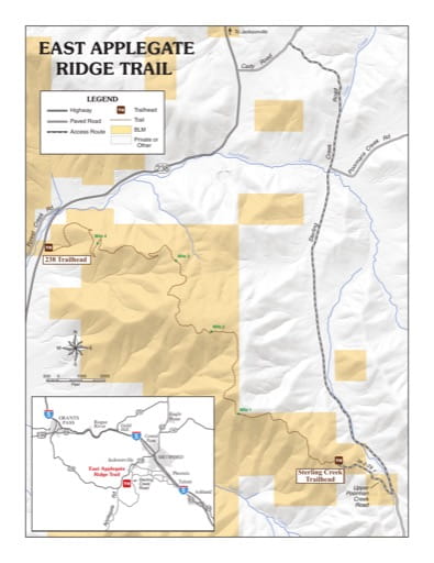 Map of East Applegate Ridge Trail west of Medford in Oregon. Published by the Bureau of Land Management (BLM).