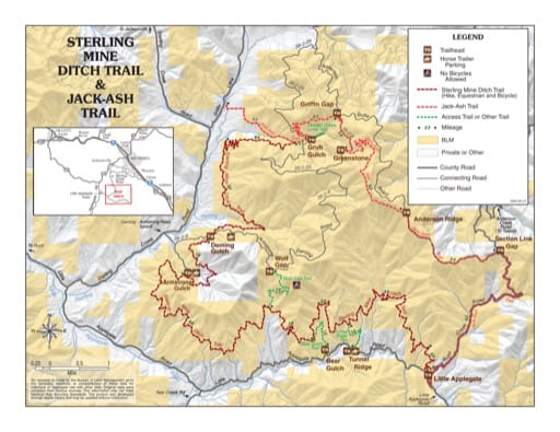 Map of Sterling Mine Ditch Trail & Jack-Ash Trail south of Medford in Oregon. Published by the Bureau of Land Management (BLM).