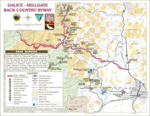 Recreation Map of Galice-Hellgate Back Country Byway in the BLM Medford District area in Oregon. Published by the Bureau of Land Management (BLM).