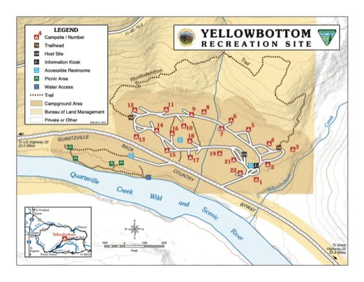 Recreation Map of Yellowbottom Recreation Site (RS) on Quarzville Creek Wild and Scenic River in the BLM Northwest Oregon District area in Oregon. Published by the Bureau of Land Management (BLM).