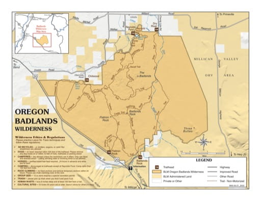 Recreation Map of Oregon Badlands Wilderness in the BLM Prineville District area in Oregon. Published by the Bureau of Land Management (BLM).