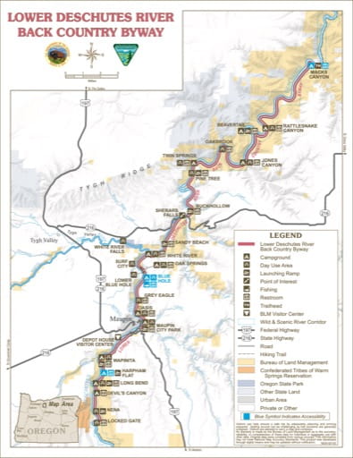 Map of Lower Deschutes River Back Country Byway in the Prineville District Office in Oregon. Published by the Bureau of Land Management (BLM).
