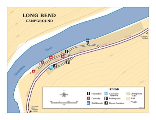 Map of Long Bend Campground in the Prineville District Office in Oregon. Published by the Bureau of Land Management (BLM).