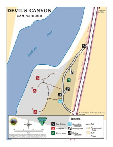 Map of Devil's Canyon Campground in the BLM Prineville District in Oregon. Published by the Bureau of Land Management (BLM).