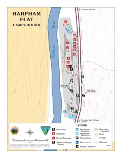 Map of Harpham Flat Campground in the BLM Prineville District in Oregon. Published by the Bureau of Land Management (BLM).