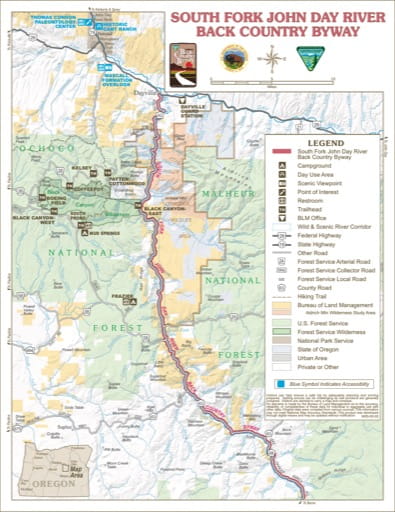 Recreation Map of South Fork John Day Back Country Byway in the BLM Prineville District area in Oregon. Published by the Bureau of Land Management (BLM).