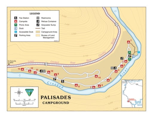 Campground Map of Palisades Campground along the Crooked River in the BLM Prineville District area in Oregon. Published by the Bureau of Land Management (BLM).