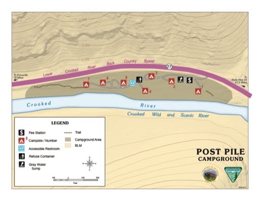 Campground Map of Post PIle Campground along the Crooked River in the BLM Prineville District area in Oregon. Published by the Bureau of Land Management (BLM).