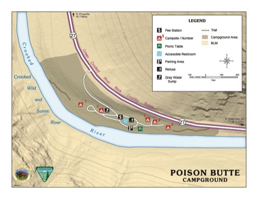 Campground Map of Poison Butte Campground along the Crooked River in the BLM Prineville District area in Oregon. Published by the Bureau of Land Management (BLM).