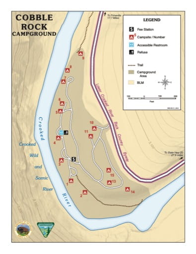 Campground Map of Cobble Rock Campground along the Crooked River in the BLM Prineville District area in Oregon. Published by the Bureau of Land Management (BLM).