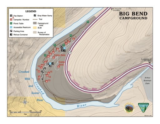 Campground Map of Big Bend Campground along the Crooked River in the BLM Prineville District area in Oregon. Published by the Bureau of Land Management (BLM).