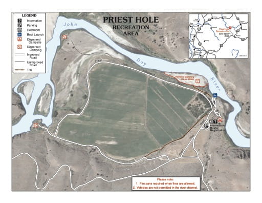 Map of Priest Hole Recreation Area (RA) on the John Day River about 12 miles from Mitchell, Oregon. Published by the Bureau of Land Management (BLM).