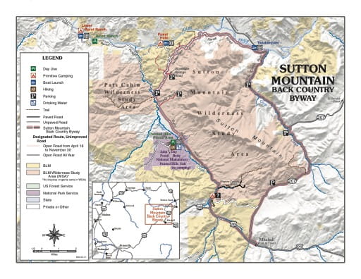 Map of the Sutton Mountain Back Country Byway near Sutton Mountain Wilderness Study Area (WSA), Pats Cabin Wilderness Study Area (WSA) and John Day Fossil Beds National Monument (NM) in Oregon. Published by the Bureau of Land Management (BLM).