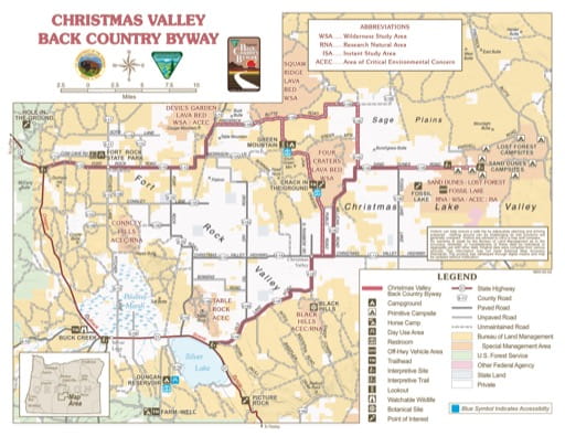 Map of Christmas Valley Back Country Byway (BCB) in Oregon. Published by the Bureau of Land Management (BLM).