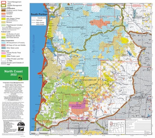 Motor Vehicle Travel Map (MVTM) of the northern part of the North Coast Travel Management Area (TMA) in Oregon. Published by the U.S. Forest Service (USFS).