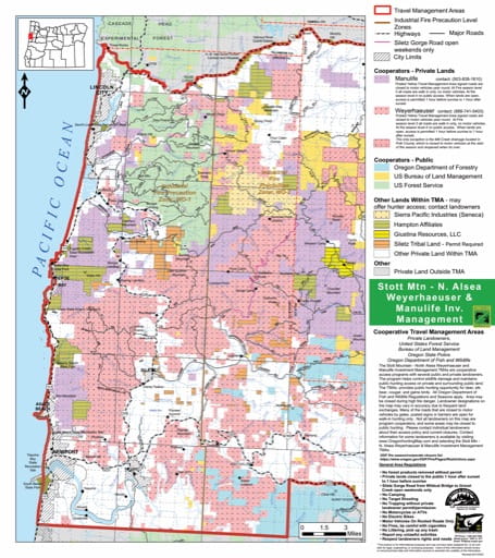 Motor Vehicle Travel Map (MVTM) of the Stott Mtn - N. Alsea Weyerhaeuser & Manulife Cooperative Travel Management Areas (TMA) in Oregon. Published by the U.S. Forest Service (USFS).