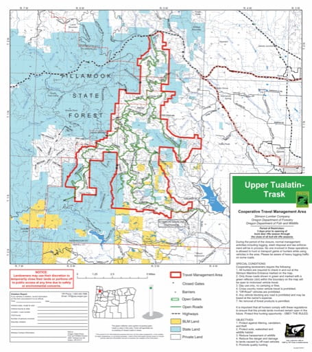Motor Vehicle Travel Map (MVTM) of Upper Tualatin-Traskthe Travel Management Area (TMA) near Tillamook State Forest in Oregon. Published by the U.S. Forest Service (USFS).
