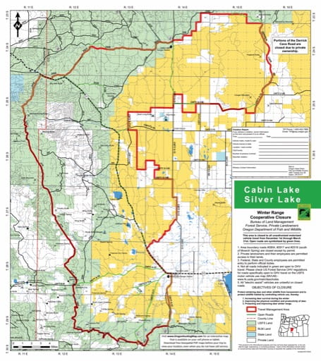 Motor Vehicle Travel Map (MVTM) of Winter Range Cooperative Closure of Cabin Lake / Silver Lake in Deschutes National Forest (NF) in Oregon. Published by the U.S. Forest Service (USFS).
