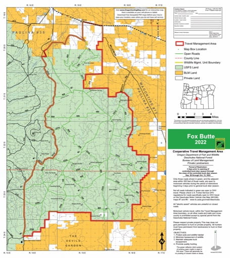 Motor Vehicle Travel Map (MVTM) of Fox Butte in Deschutes National Forest (NF) in Oregon. Published by the U.S. Forest Service (USFS).