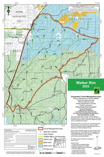 Motor Vehicle Travel Map (MVTM) of Walker Rim in Deschutes National Forest (NF) in Oregon. Published by the U.S. Forest Service (USFS).