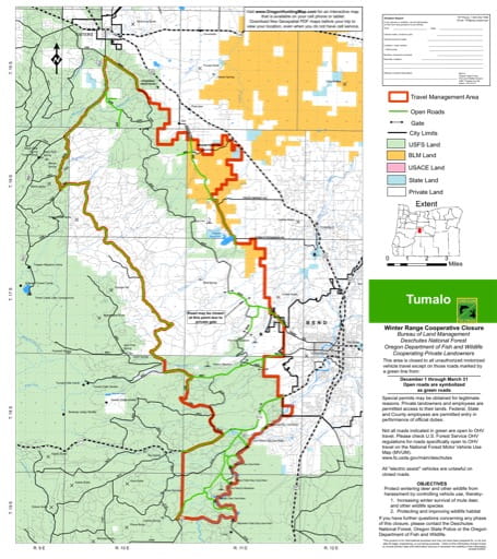 Motor Vehicle Travel Map (MVTM) of Tumalo in Deschutes National Forest (NF) in Oregon. Published by the U.S. Forest Service (USFS).
