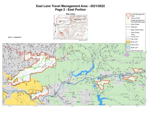 Motor Vehicle Travel Map (MVTM) of East East Lane Travel Management Area (TMA) in Oregon. Published by the U.S. Forest Service (USFS).