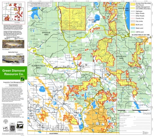 Motor Vehicle Travel Map (MVTM) of Central Green Diamond Resource Co. Travel Management Area (TMA) in Oregon. Published by the U.S. Forest Service (USFS).