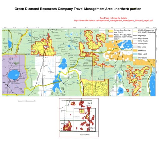Motor Vehicle Travel Map (MVTM) of North Green Diamond Resource Co. Travel Management Area (TMA) in Oregon. Published by the U.S. Forest Service (USFS).