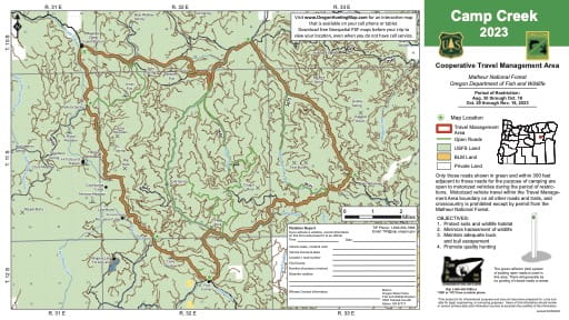 Motor Vehicle Travel Map (MVTM) of Camp Creek in Malheur National Forest (NF) in Oregon. Published by the U.S. Forest Service (USFS).