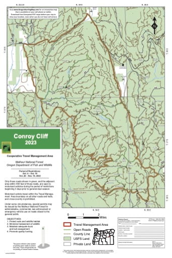 Motor Vehicle Travel Map (MVTM) of Conroy-Cliff in Malheur National Forest (NF) in Oregon. Published by the U.S. Forest Service (USFS).