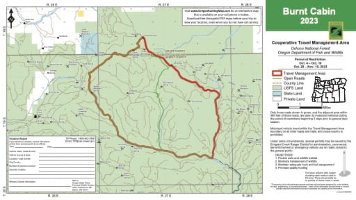 Motor Vehicle Travel Map (MVTM) of Burnt Cabin in Ochoco National Forest (NF) in Oregon. Published by the U.S. Forest Service (USFS).