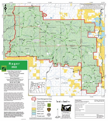 Motor Vehicle Travel Map (MVTM) of the Rager Travel Management Area (TMA) in Ochoco National Forest (NF) in Oregon. Published by the U.S. Forest Service (USFS).