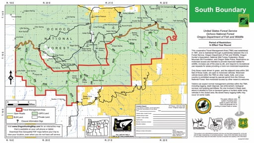 Motor Vehicle Travel Map (MVTM) of the South Boundary Travel Management Area (TMA) in Ochoco National Forest (NF) in Oregon. Published by the U.S. Forest Service (USFS).