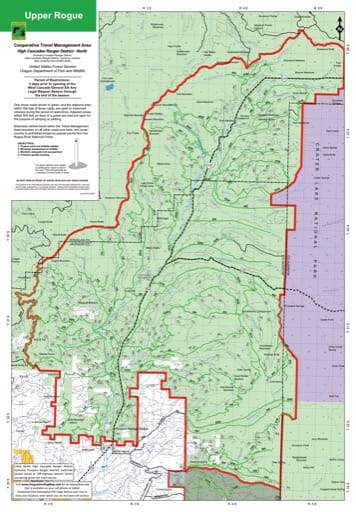 Motor Vehicle Travel Map (MVTM) of Upper Rogue (north) in the Cooperative Travel Management Area High Cascades Ranger District in Rogue River-Siskiyou National Forest (NF) in Oregon. Published by the U.S. Forest Service (USFS).