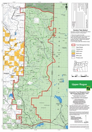 Motor Vehicle Travel Map (MVTM) of Upper Rogue (south) in the Cooperative Travel Management Area High Cascades Ranger District in Rogue River-Siskiyou National Forest (NF) in Oregon. Published by the U.S. Forest Service (USFS).