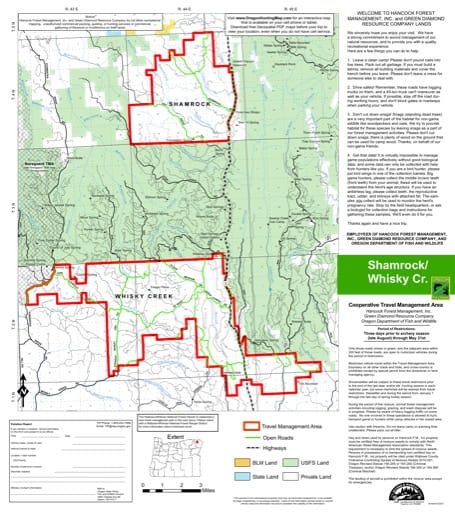 Motor Vehicle Travel Map (MVTM) of Shamrock / Whisky Creek Travel Management Area (TMA) near Umatilla National Forest (NF) in Oregon. Published by the U.S. Forest Service (USFS).