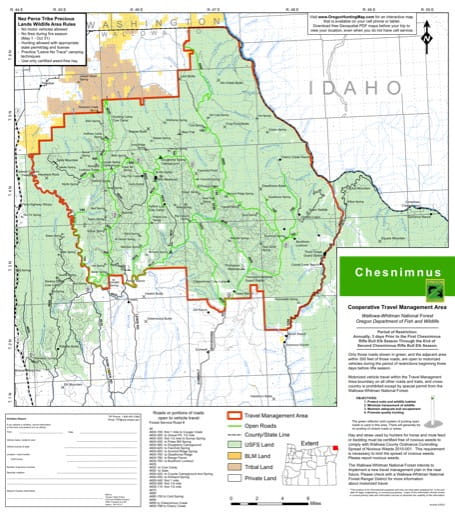 Motor Vehicle Travel Map (MVTM) of Chesnimnus in Wallowa-Whitman National Forest (NF) in Oregon. Published by the U.S. Forest Service (USFS).