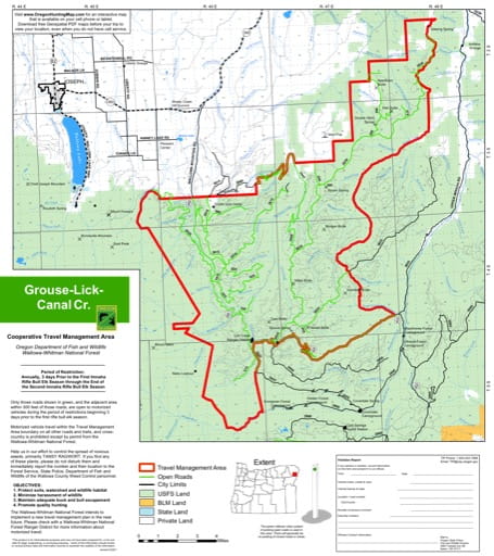 Motor Vehicle Travel Map (MVTM) of Grouse-Lick-Canal Creek in Wallowa-Whitman National Forest (NF) in Oregon. Published by the U.S. Forest Service (USFS).