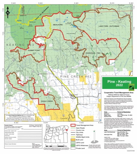 Motor Vehicle Travel Map (MVTM) of Pine - Keating near Wallowa-Whitman National Forest (NF) in Oregon. Published by the U.S. Forest Service (USFS).