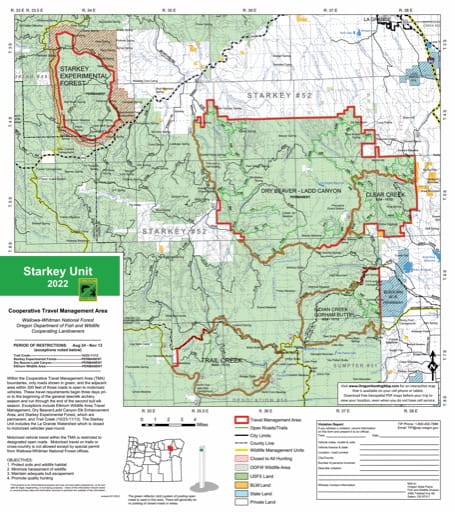Motor Vehicle Travel Map (MVTM) of Starkey Unit Travel Management Area (TMA) in Wallowa-Whitman National Forest (NF) in Oregon. Published by the U.S. Forest Service (USFS).